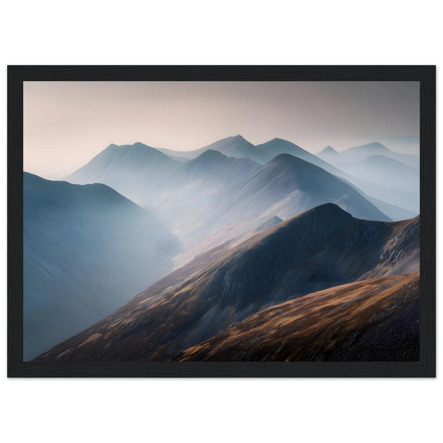 Scottish Highland ridges in mist, framed poster in a black frame