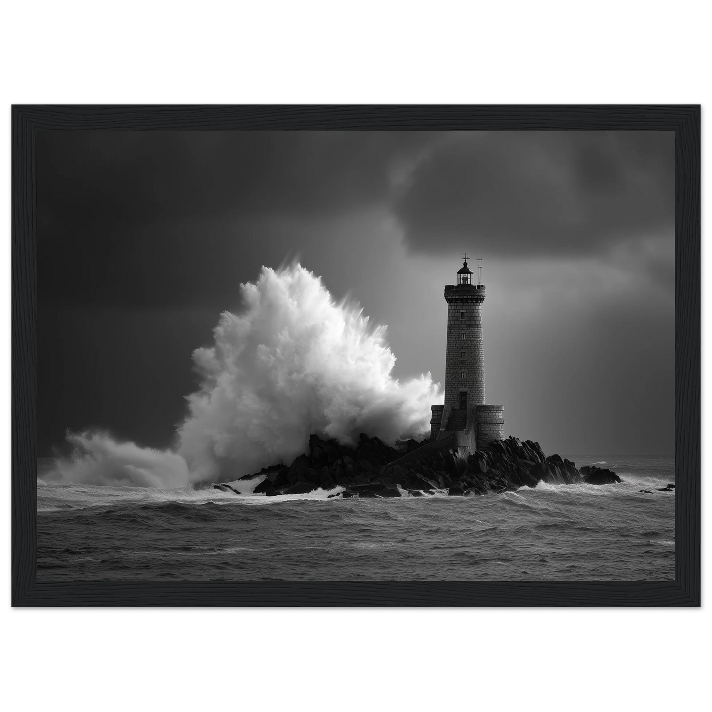 Lighthouse in a heavy sea with a huge burst of white spray, framed in black