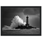 Lighthouse in a heavy sea with a huge burst of white spray, framed in black
