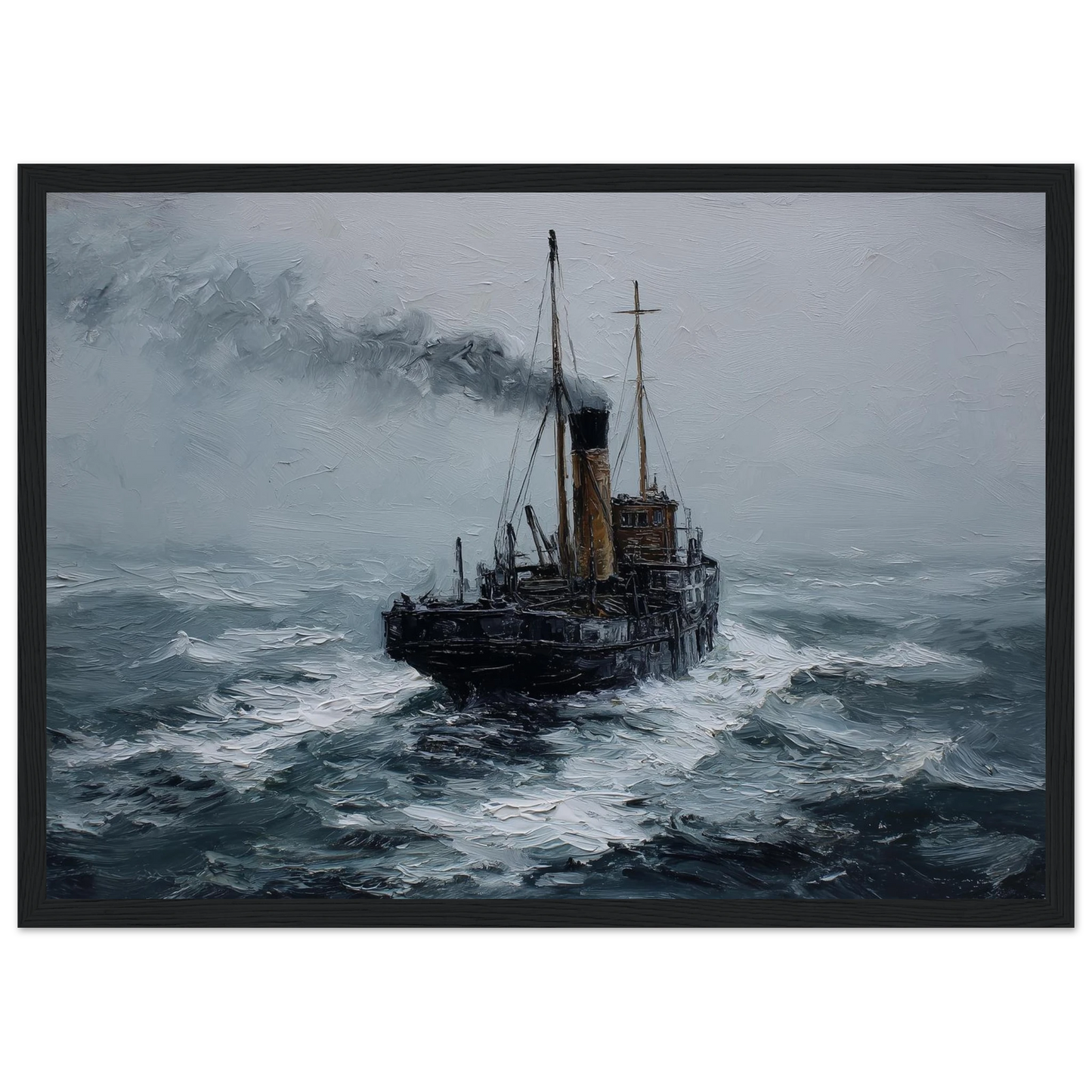 Maritime oil painting of a puffer in a squall, framed in charcoal