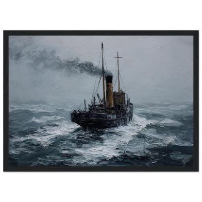 Maritime oil painting of a puffer in a squall, framed in charcoal