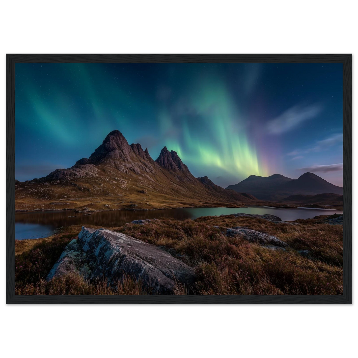 Northern lights and stars over a dark Highland ridge, framed in white