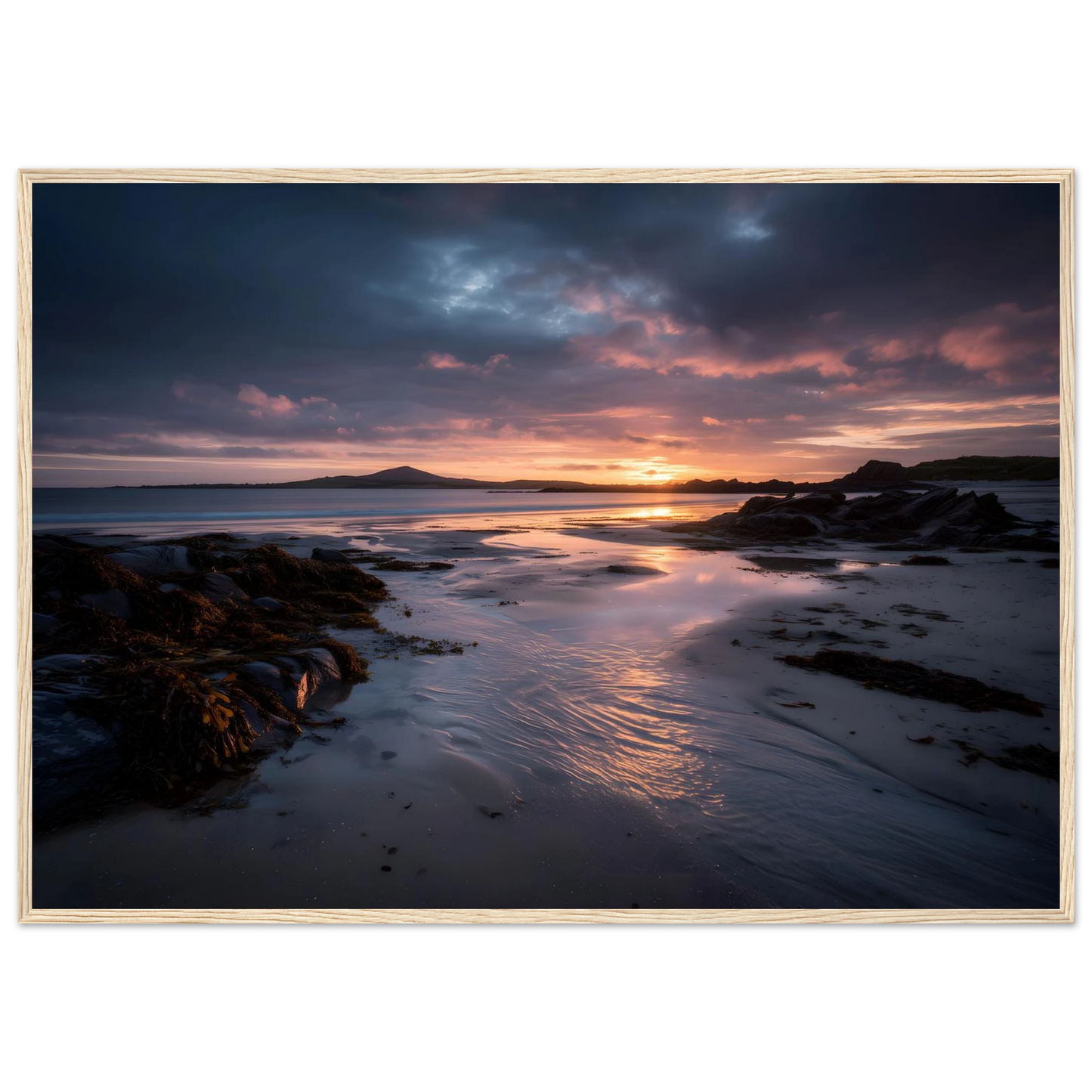 Beach at last light, art print in a pale natural wood frame with a mount