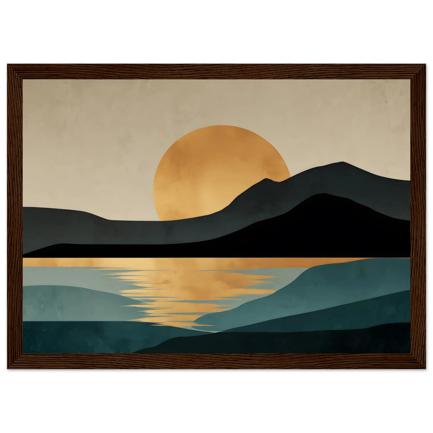 Mid-century modern sun and headland print in a wide dark brown wood frame