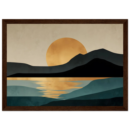 Mid-century modern sun and headland print in a wide dark brown wood frame