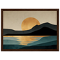 Mid-century modern sun and headland print in a wide dark brown wood frame