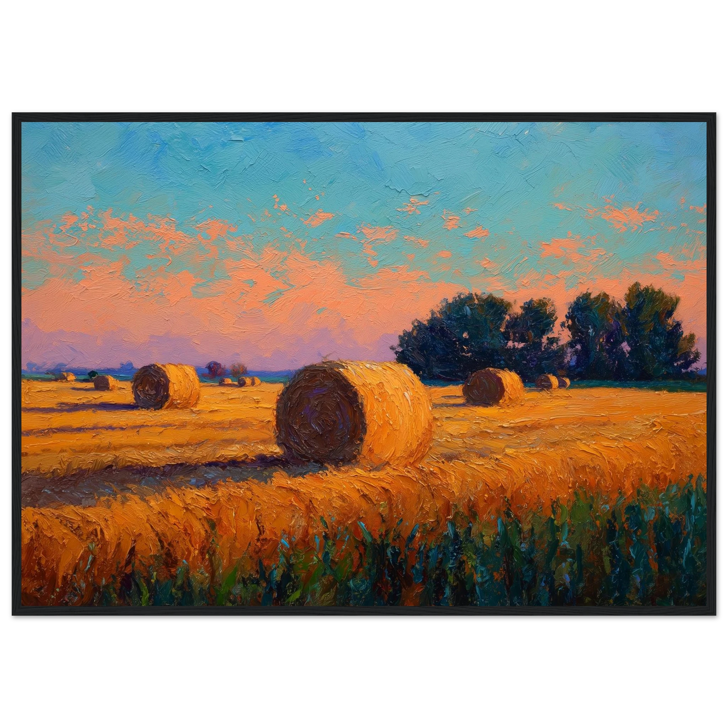 Impressionist harvest landscape at golden hour, framed in black