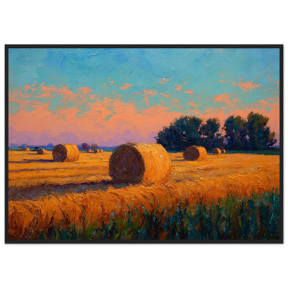 Impressionist harvest landscape at golden hour, framed in black