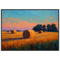 Impressionist harvest landscape at golden hour, framed in black