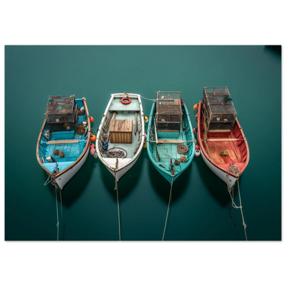 Overhead view of four painted fishing boats on dark green water, framed in dark grey