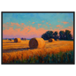Harvest field and bales under an evening sky, print in a dark frame