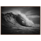 Ocean wave curling over in black and white, framed in dark brown wood