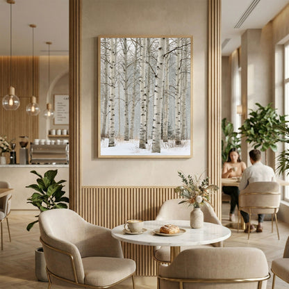 Birch in falling snow, in a light wood frame above fluted panelling in a warm neutral cafe