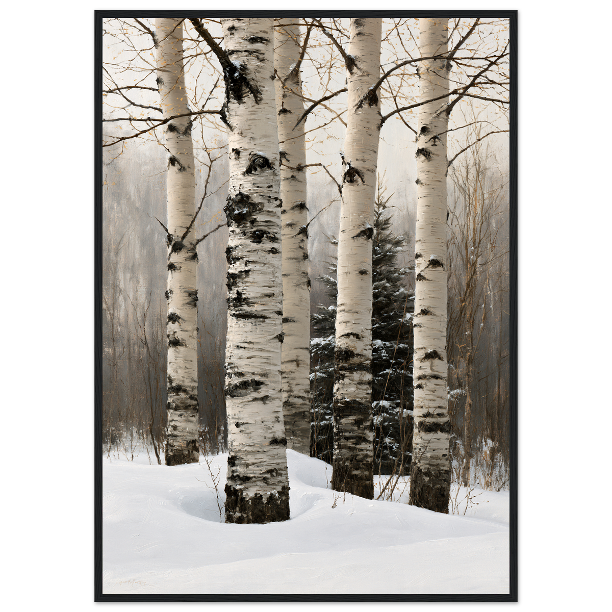 Birch trunks in deep snow, print in a black frame
