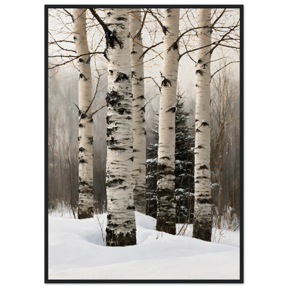 Birch trunks in deep snow, print in a black frame