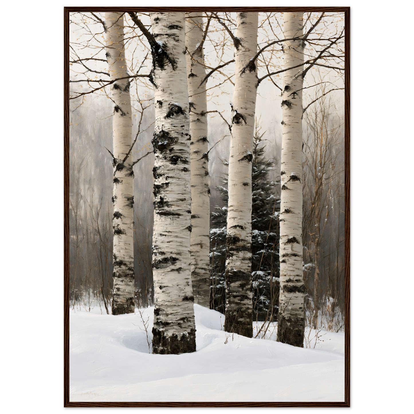 Birch trunks in deep snow, print in a dark wood frame