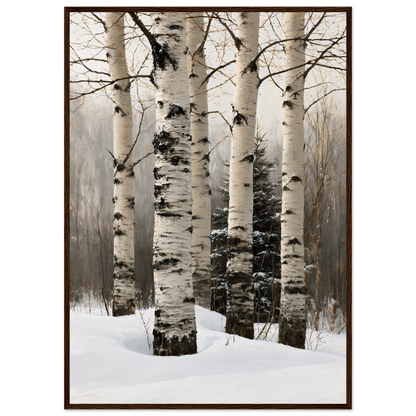 Birch trunks in deep snow, print in a dark wood frame