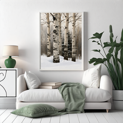 Birch trunks in deep snow, in a white frame above a white sofa with a sage green throw in a bright living room