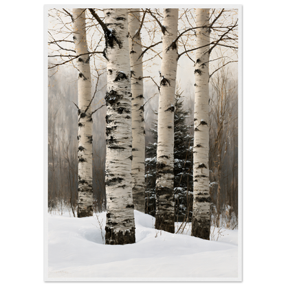 Birch trunks in deep snow, print in a white frame