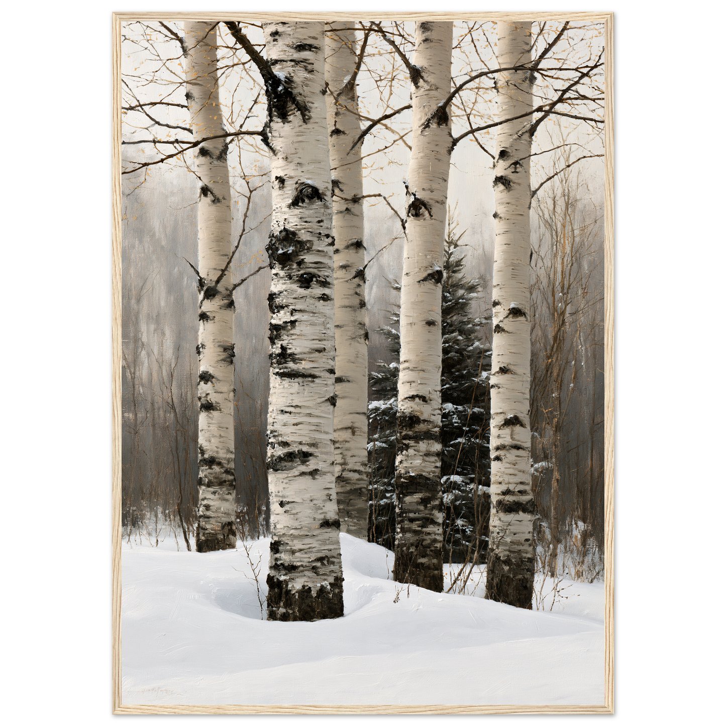 Birch trunks in deep snow, print in a natural wood frame