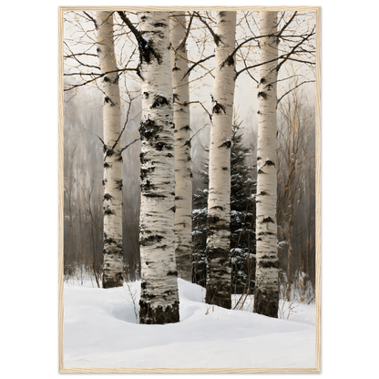 Birch trunks in deep snow, print in a natural wood frame