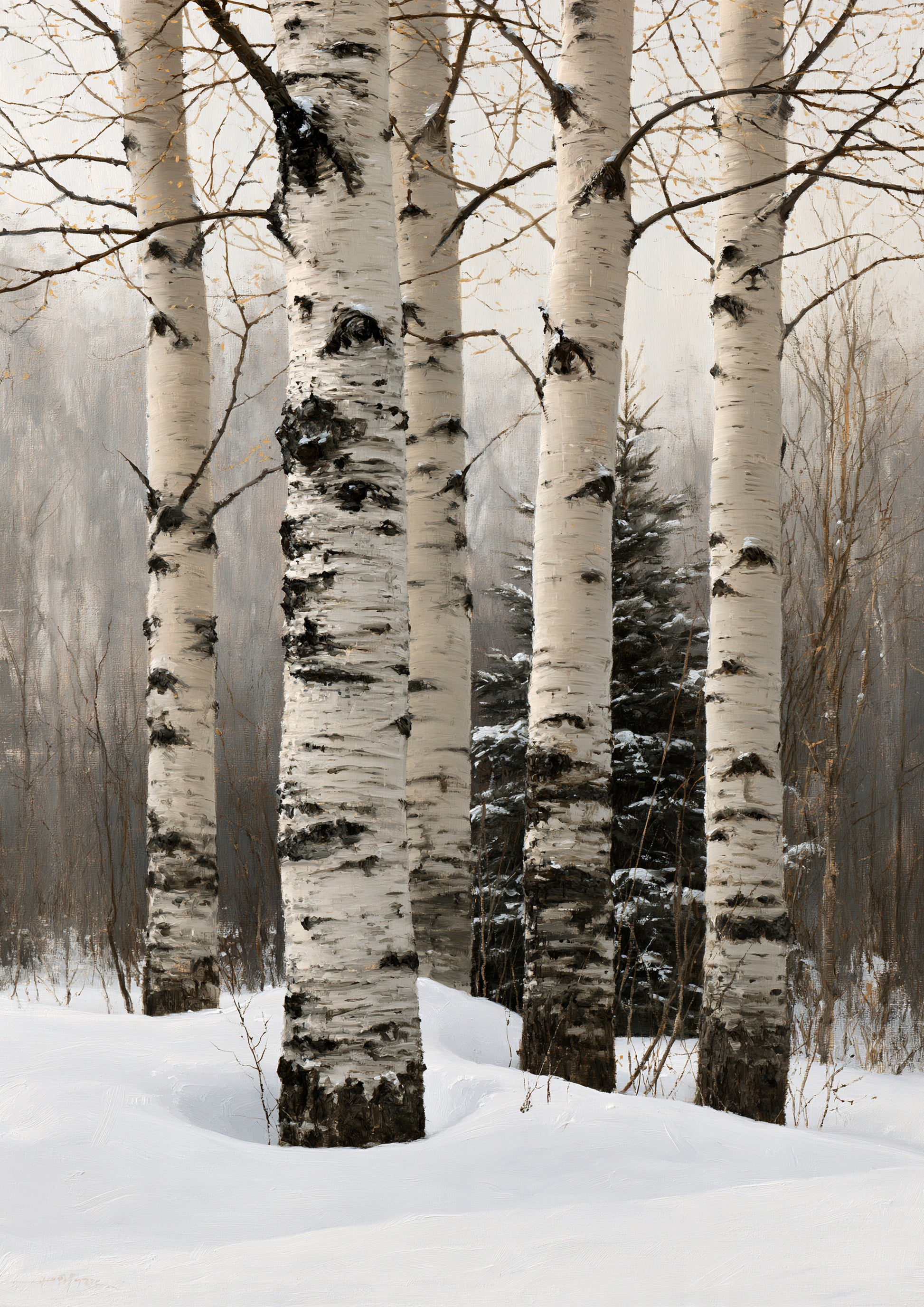 Four pale birch trunks rising through deep snow in a winter wood, with a small dark spruce behind