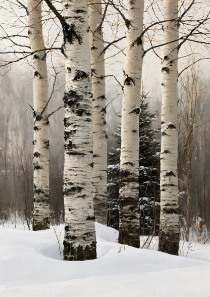 Four pale birch trunks rising through deep snow in a winter wood, with a small dark spruce behind