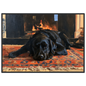 Black labrador at the hearth, print in a black frame