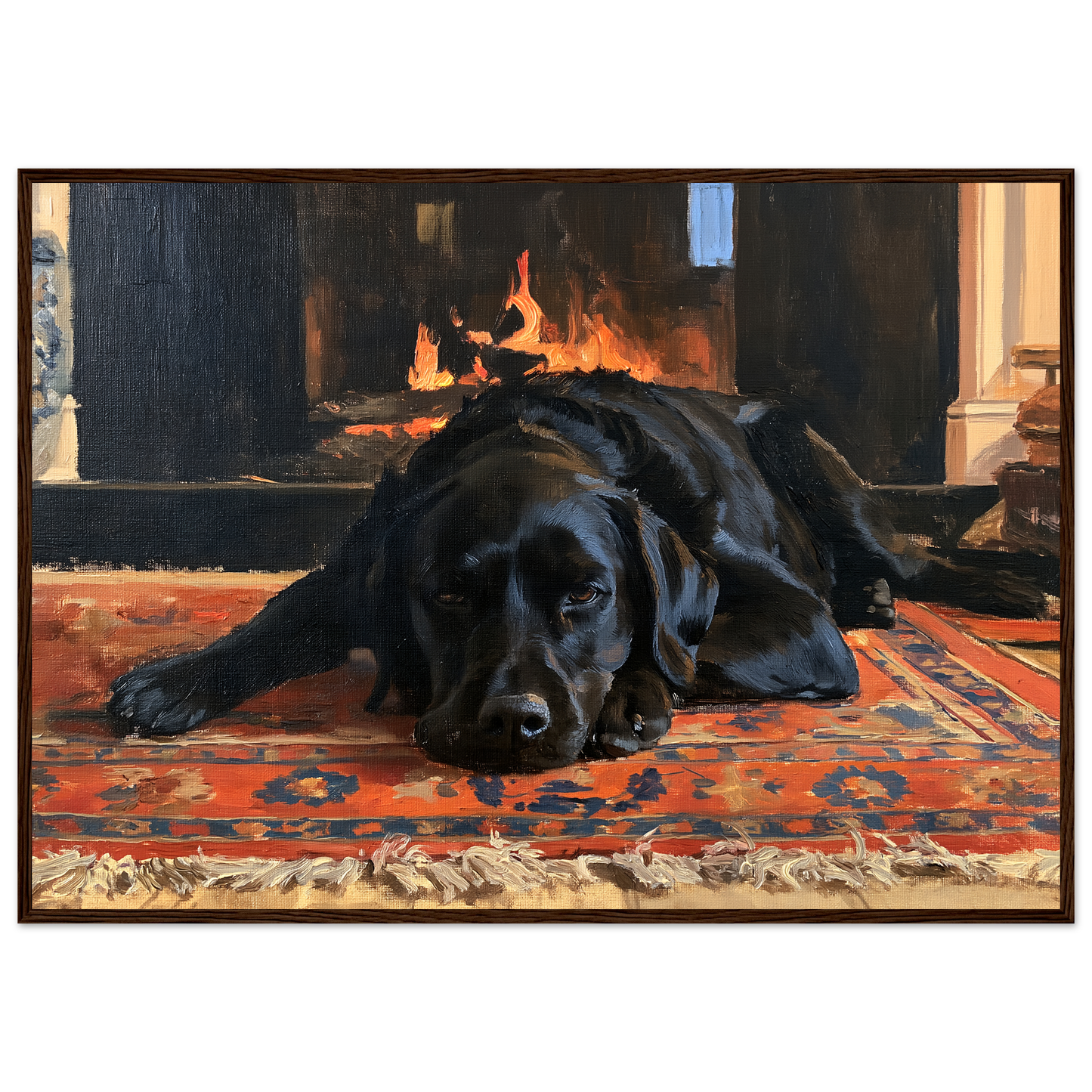 Black labrador at the hearth, print in a dark wood frame