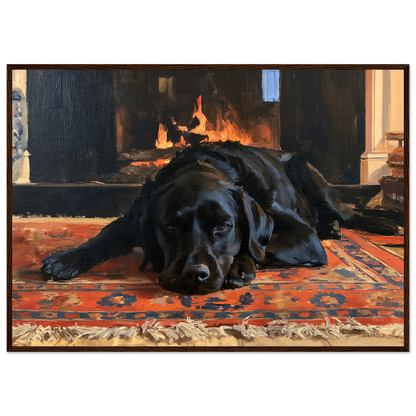 Black labrador at the hearth, print in a dark wood frame