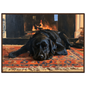 Black labrador at the hearth, print in a dark wood frame