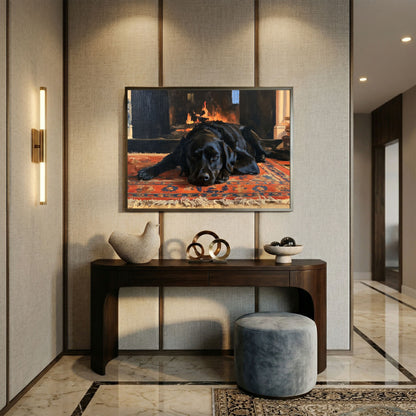 Black labrador at the hearth, in a slim gold frame above a console table in a panelled hallway