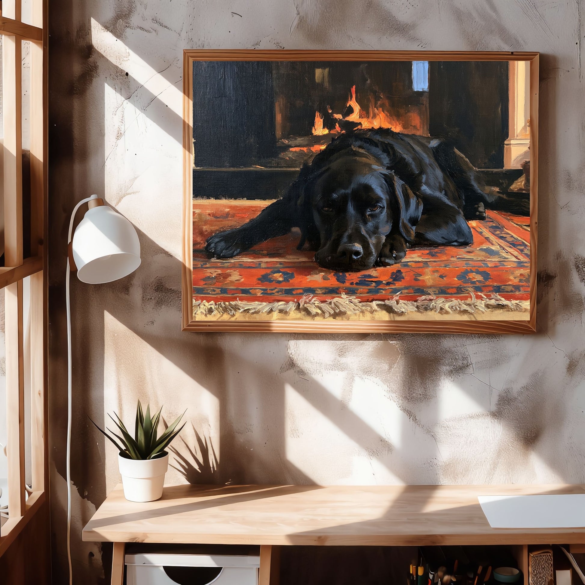Black labrador at the hearth, in a natural wood frame above a light wood desk in a sunlit home office