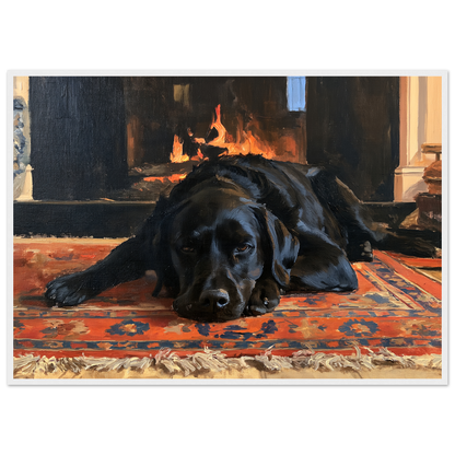 Black labrador at the hearth, print in a white frame
