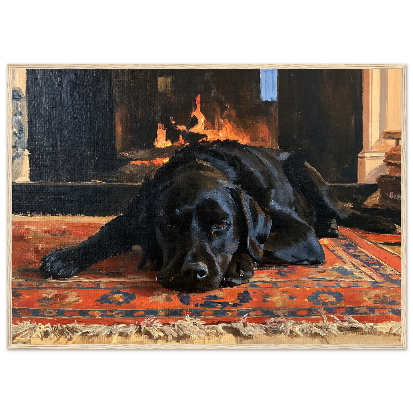 Black labrador at the hearth, print in a natural wood frame