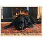 Black labrador at the hearth, print in a natural wood frame