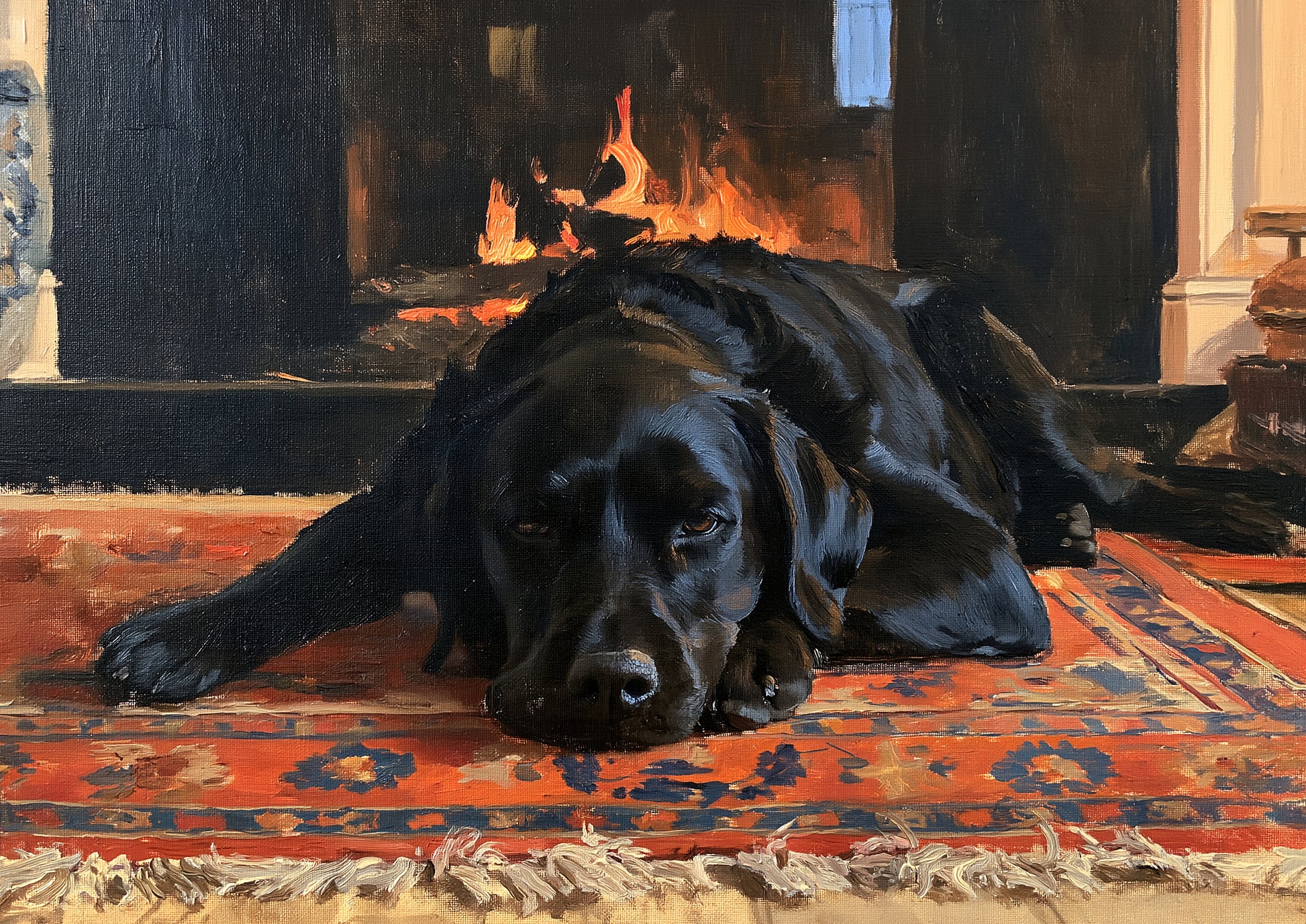 A black labrador asleep on a patterned rug in front of a lit fire, firelight warming its dark coat