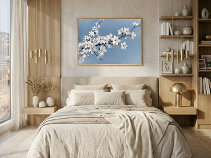 White blackthorn blossom against a pale blue sky in oil, hanging above a bed in a neutral bedroom