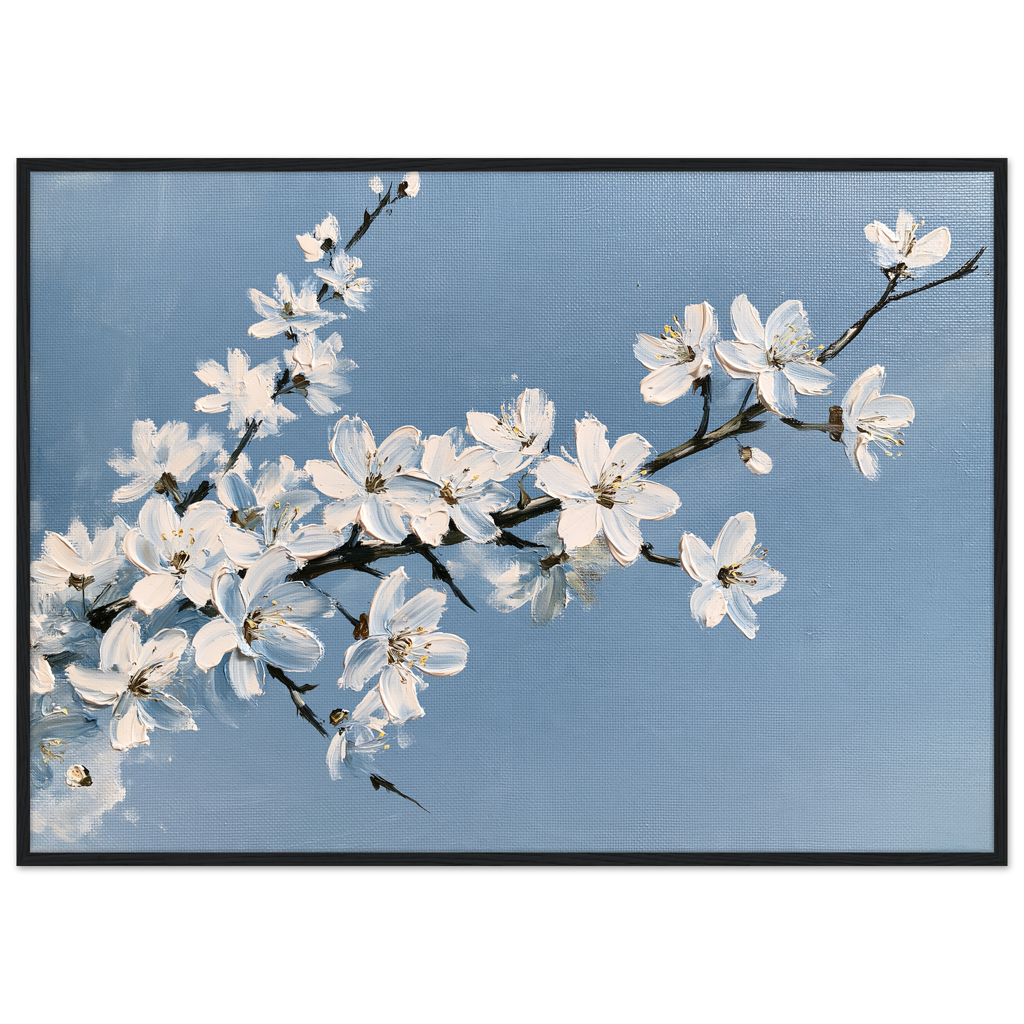White blackthorn blossom against a pale blue sky in oil, print in a black frame