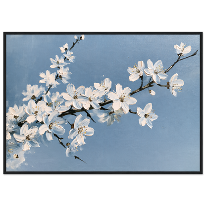 White blackthorn blossom against a pale blue sky in oil, print in a black frame