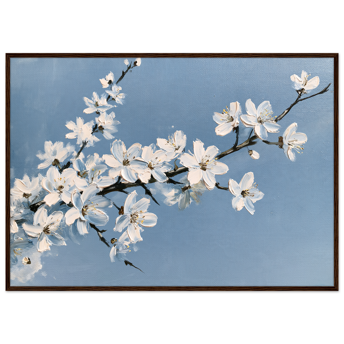 White blackthorn blossom against a pale blue sky in oil, print in a dark wood frame