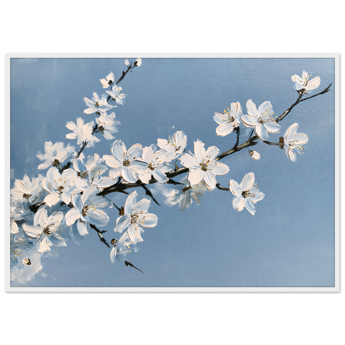 White blackthorn blossom against a pale blue sky in oil, print in a white frame