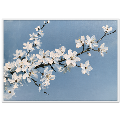 White blackthorn blossom against a pale blue sky in oil, print in a white frame