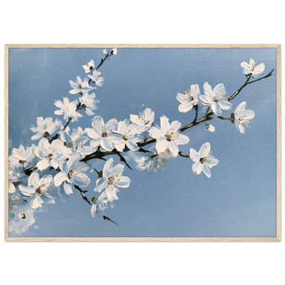 White blackthorn blossom against a pale blue sky in oil, print in a natural wood frame
