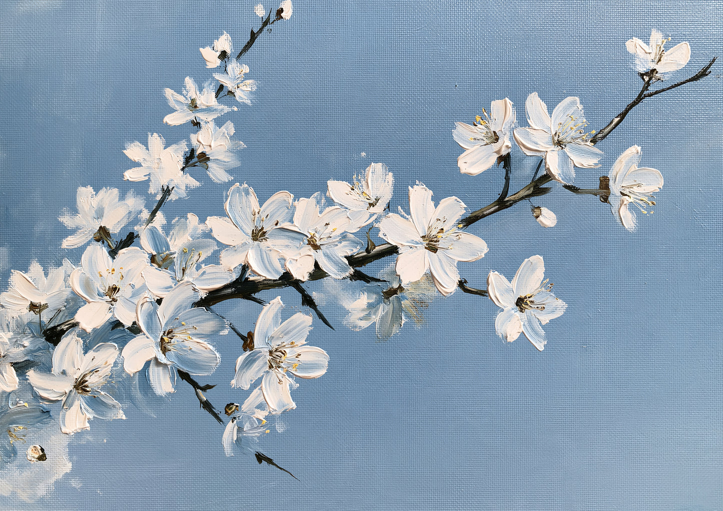 A blackthorn branch in white blossom on bare black twigs, painted in oil against an open spring sky