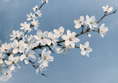 A blackthorn branch in white blossom on bare black twigs, painted in oil against an open spring sky