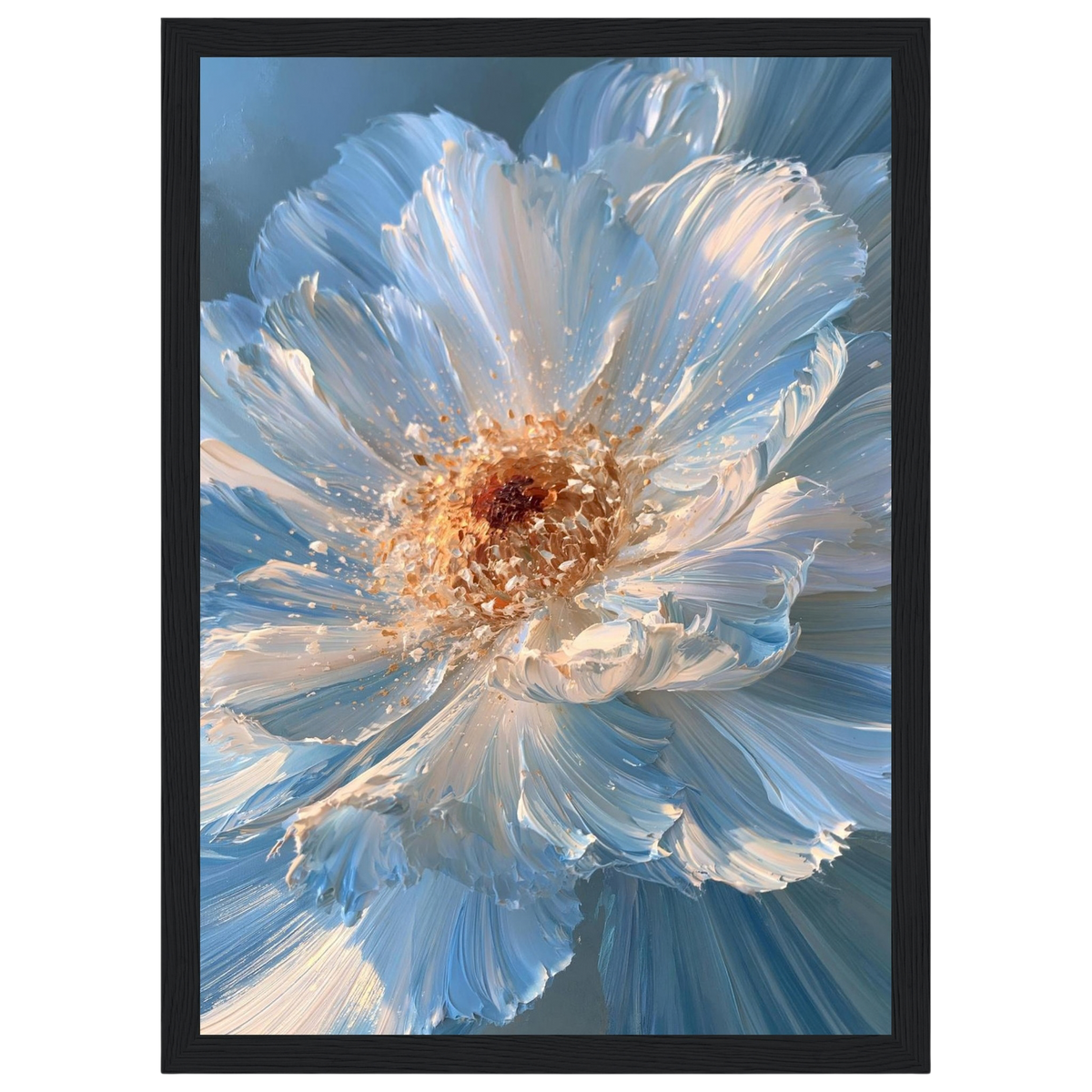 Blue impasto flower, print in a black frame
