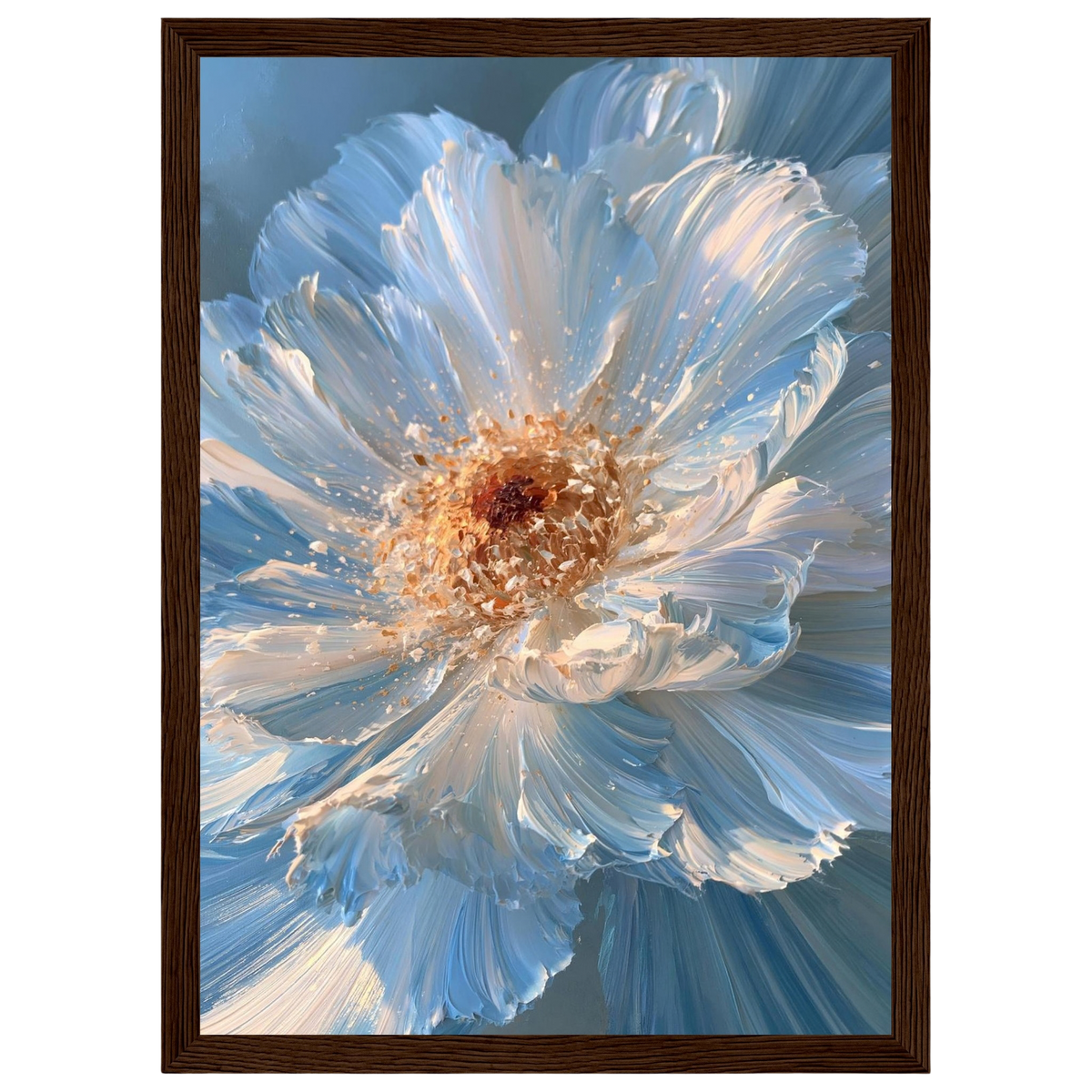 Blue impasto flower, print in a dark wood frame