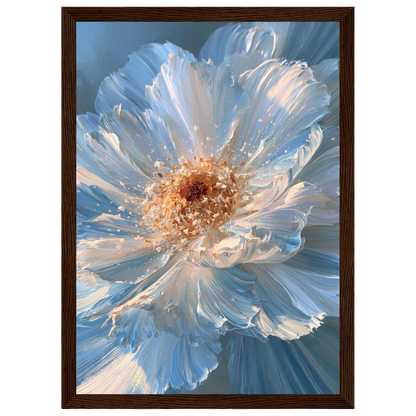 Blue impasto flower, print in a dark wood frame