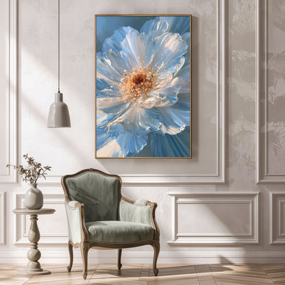 Blue impasto flower, in a natural wood frame on a pale panelled wall above an antique sage velvet armchair and a small side table in a reading corner
